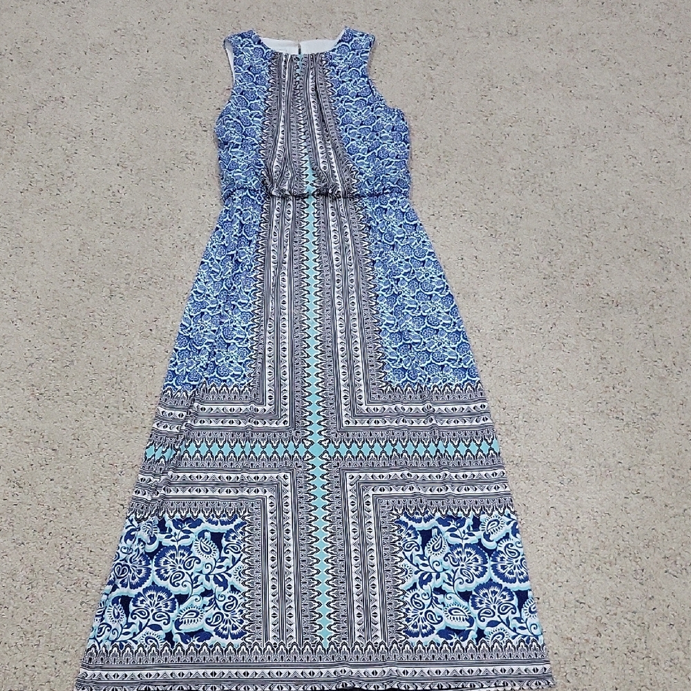 London Times Blue and Black Geometric Maxi Dress